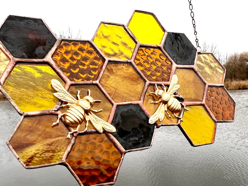 Stained Glass Beehive. Honeycomb Stained Glass Suncatcher. Honeycomb With Bee. image 1