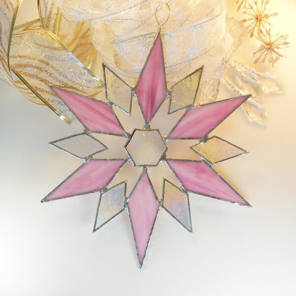 Beautiful Pink And Iridescent Snowflake. Stained Glass Star. Holiday Ornament. Suncatcher.