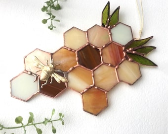 Stained Glass Beehive. Honeycomb Stained Glass Suncatcher.   Honeycomb With  Bee.