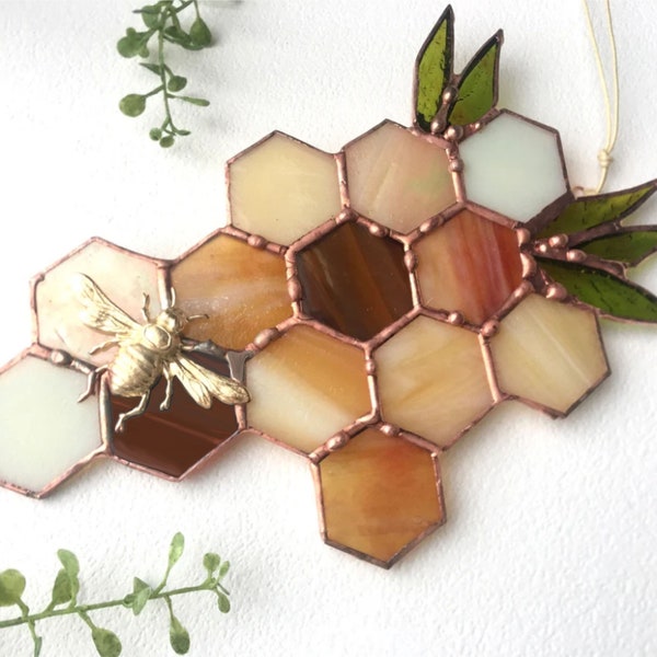 Stained Glass Beehive. Honeycomb Stained Glass Suncatcher.   Honeycomb With  Bee.