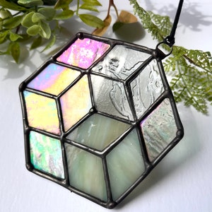 Geometric Cube Suncatcher: Iridescent Stained Glass Ornament