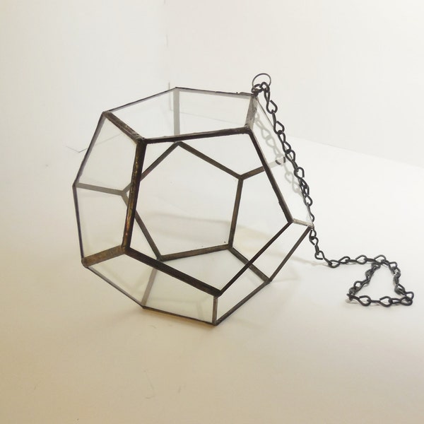 Terrarium, Large Hanging Terrarium, Clear glass planter modern industrial geometric planter, dodecahedron plant holder with chain.