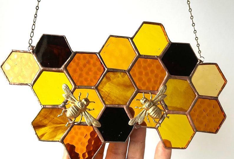 Stained Glass Beehive. Honeycomb Stained Glass Suncatcher. Honeycomb With Bee. image 9