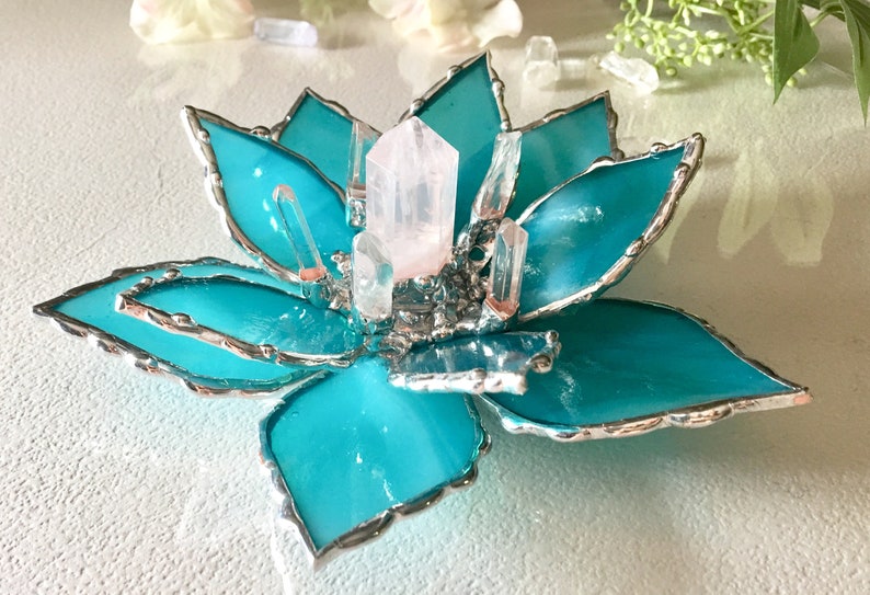 Bohemian Stained Glass Flower Wedding Favor Stained Glass Lotus Flower Lotus With Rose Quartz Crystal