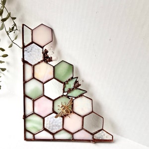Stained Glass Beehive Window Corner. Honeycomb Stained Glass Suncatcher. Home Decor.