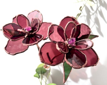 Burgundy Stained Glass Flower: Wildflower Plant Stake, Home Decor