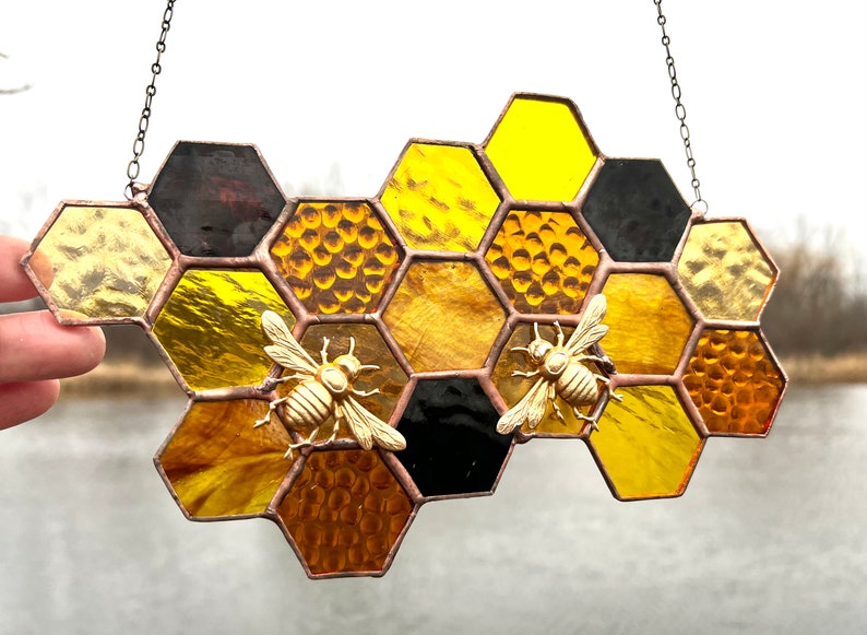 Stained Glass Beehive. Honeycomb Stained Glass Suncatcher. Honeycomb With Bee. image 8