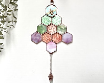 Stained Glass of small honeycombs with bee inside, in pink, pale green colors, triangle suncatcher, window hangings, presents for mom