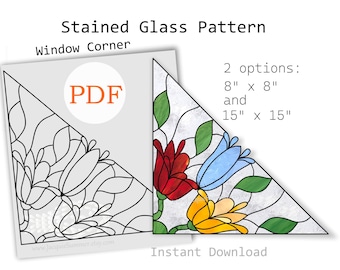 DIY stained glass window corner tulips pattern, presents for Mom, digital download, do it yourself, stain glass pattern pdf, abstract tulip
