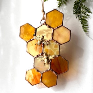 Stained Glass Beehive. Honeycomb Stained Glass Suncatcher. Honeycomb With  Bee.
