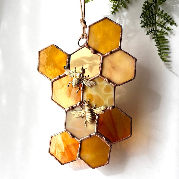 Stained Glass Beehive Suncatcher: Honeycomb with Bee Decor. Made To Order.