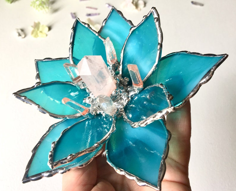 Bohemian Stained Glass Flower Wedding Favor Stained Glass Lotus Flower Lotus With Rose Quartz Crystal