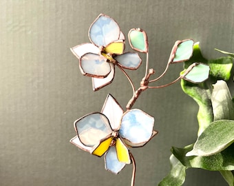 Stained Glass Orchid Plant Stake: White Yellow Floral Home Decor