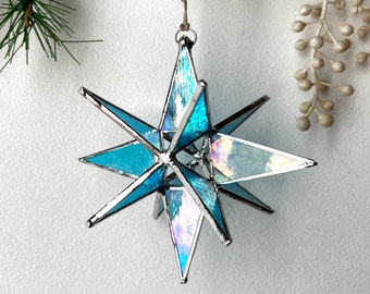 12 Point Moravian Star. Iridescent Blue Transparent Star. 4”