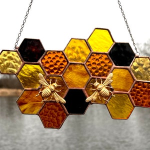 Stained Glass Beehive. Honeycomb Stained Glass Suncatcher. Honeycomb With Bee. image 6