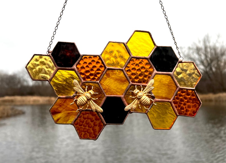 Stained Glass Beehive. Honeycomb Stained Glass Suncatcher. Honeycomb With Bee. image 6