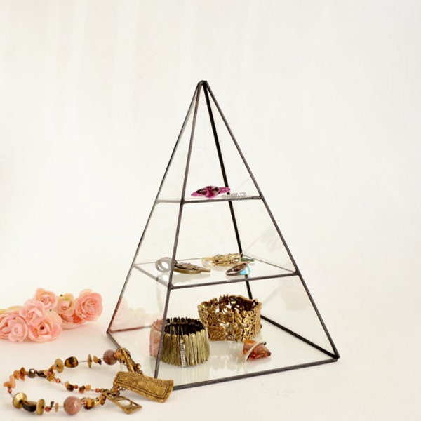 Glass Display Box, Stained Glass Display Box, Glass Pyramid, Pyramid Display Box, Clear Glass Pyramid with a glass shelf. Made To Order