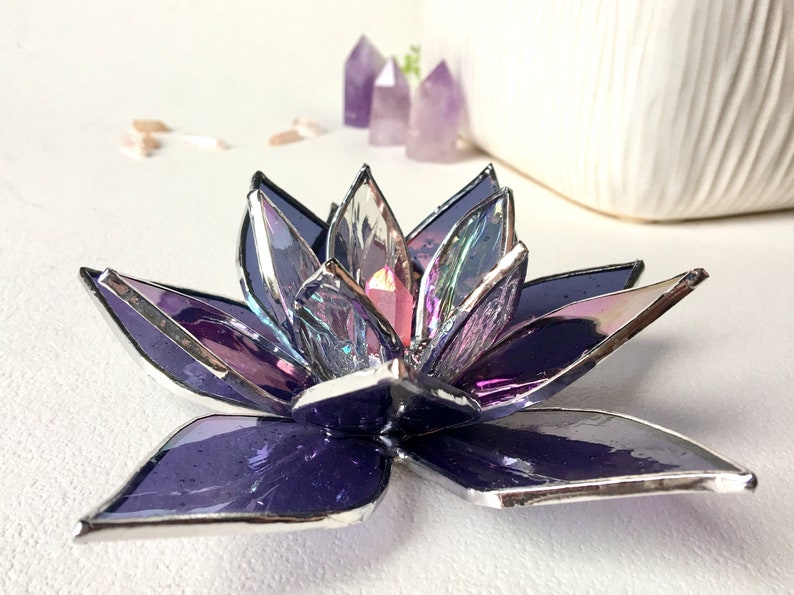 Iridescent Purple Lotus Stained Glass Crystal Lotus Flower Bohemian Stained Glass Flower 5 Wedding Favor Lotus With Quartz Crystal