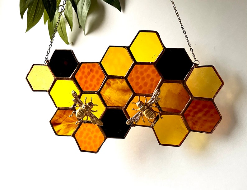 Stained Glass Beehive. Honeycomb Stained Glass Suncatcher. Honeycomb With Bee. image 2