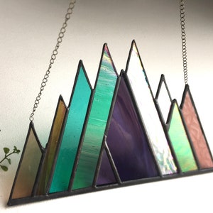 Stained Glass Mountains Sun catcher Home Decor. Wall Decor. Road Travel Memories by jacquiesummer