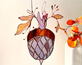 Stained Glass Acorn Crystal Suncatcher: Autumn Home Decor, Nature Lover Gift, Thanksgivings Day Ornament