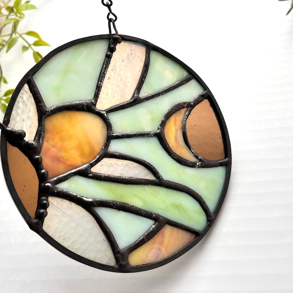 Round Stained Glass. Pastel Green Pale Green Textured Peach Round Suncatcher. Butterfly Wing Motive Circle Shape. Home Decor Wall Art