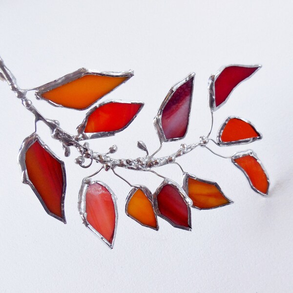 Orange Red Glass Autumn Leaf Branch. Stained Glass Suncatcher. Orange Red Leaf.  MADE TO ORDER