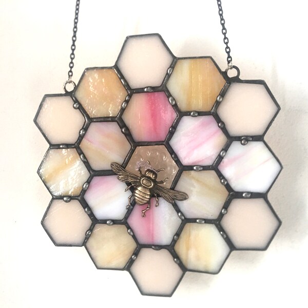 Stained Glass Beehive. Honeycomb Stained Glass Suncatcher. Honeycomb With Bee.