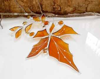 Stained Glass. Stained Glass Suncatcher. Rich Amber, Yellow Maple Leaf.