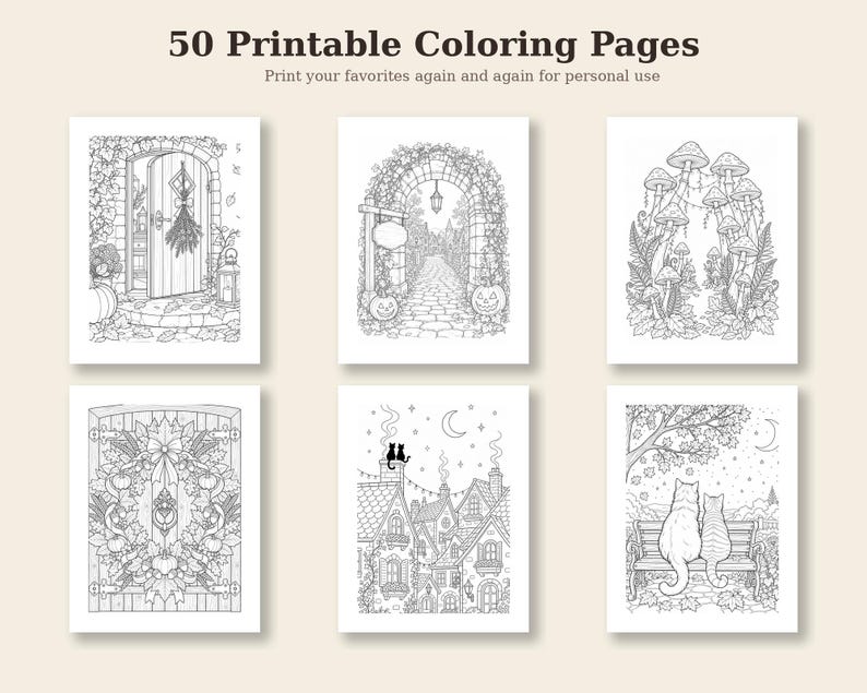 50 Whimsical Autumn & Halloween Coloring Pages for Adults - Etsy