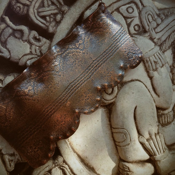 Items similar to Copper lace embossed neckplate pendant on copper chain