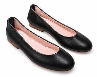 Handmade Moroccan Black Leather Flats, Camel Sole, Minimalist Slip-On Shoes