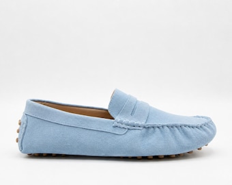 Mocassini da guida in camoscio azzurro chiaro fatti a mano / Scarpe casual slip-on da uomo