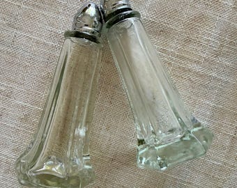Vintage Glass Salt Pepper Shakers, Silver Tops, Made in Japan, Mid Century Kitchen Decor