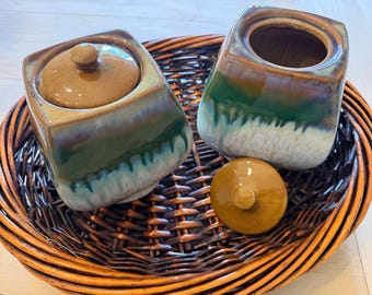 Vintage Drip Glaze Ceramic Canister Set | Green Brown Pottery Kitchen Storage