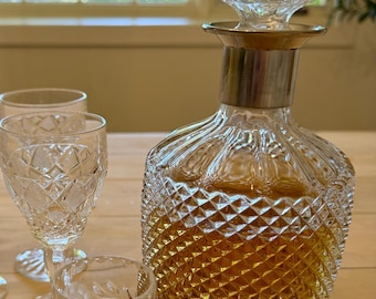 Vintage Cut Glass Decanter, Diamond Pattern Whiskey Bourbon Barware, Crystal Bar Cart Decor