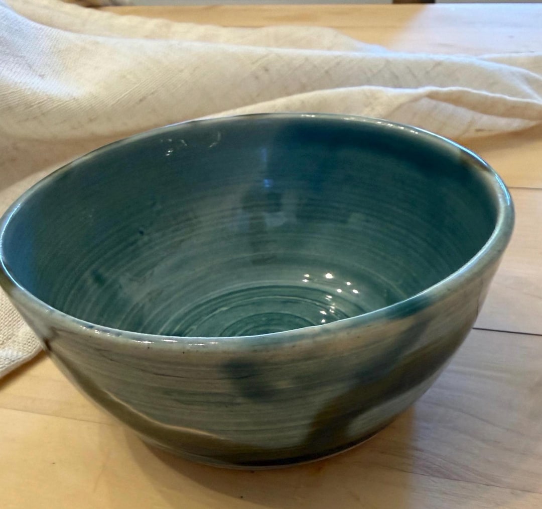 Vintage Hand Thrown Pottery Bowl – Green Glazed Stoneware Serving Dish ...