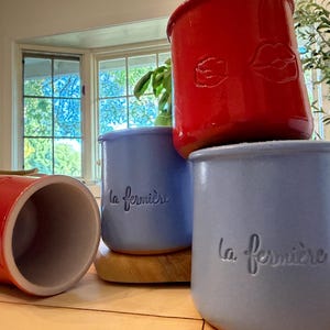 Puede incluir: Conjunto de macetas de cerámica rojas y azules. La maceta roja tiene un diseño de labios, y las macetas azules tienen el texto "la fermière". Estas macetas decorativas son adecuadas para la cocina o la decoración del hogar.