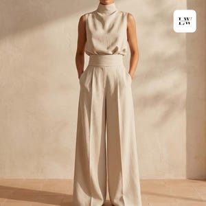 Elegancki dwuczęściowy komplet — bezrękawnik i spodnie z szerokimi nogawkami Letni strój — luźny, swobodny komplet biurowy dla kobiet — elegancki zestaw w stylu High Street Chic