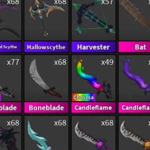 May include: A grid of various fantasy weapons, including scythes, swords, and a bat. The items are displayed in individual boxes with labels such as "Boneblade" and "Candleflame". Some items have a "Chroma" label.