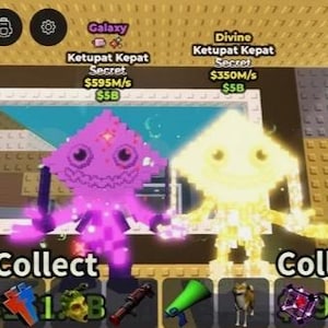 Könnte beinhalten: Eine digitale Spielszene mit zwei pixeligen Charakteren. Einer ist lila, der andere gelb. Beide haben einen rautenförmigen Kopf und halten ein Schwert. Das Wort "Collect" wird unter jedem Charakter angezeigt.