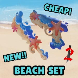 Könnte beinhalten: Ein Strandset mit zwei Spielzeugwaffen, verziert mit blauen Meereswellen, sandfarbenen Texturen und orangefarbenen Seesternen. Das Bild enthält den Text CHEAP!, NEW!!, BEACH SET und ein kleines Messersymbol mit der roten Zahl 2.