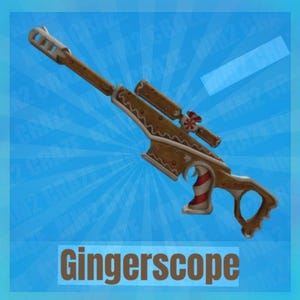 Puede incluir: Un rifle de color marrón con temática de pan de jengibre y mira telescópica, con detalles de glaseado blanco, adornos de caramelos de colores y una empuñadura a rayas rojas y blancas. La palabra Gingerscope aparece en marrón abajo.
