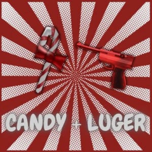 Könnte beinhalten: Ein Grafikdesign mit einer rot-weißen Zuckerstange mit roter Schleife und einer roten Pistole vor einem rot-weißen Strahlenhintergrund. Der Text CANDY + LUGER ist in Weiß am unteren Bildrand zu sehen und auf das radiale Muster zentriert.