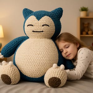 May include: A large, handmade crochet plush toy in the shape of a blue and cream-colored character with closed eyes. The plush is resting on a bed with a young person.