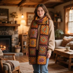 Op de afbeelding: Een lange gehaakte sjaal met een herhalend patroon van veelkleurige granny squares in tinten oranje, groen, paars en geel, omrand met donkerbruin garen. De sjaal wordt om de nek gedragen over een beige trui met lange mouwen.
