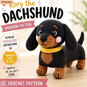 Haakpatroon voor een amigurumi teckel, pluche worsthondje, schattig puppyspeeltje, haakhandleiding, direct te downloaden als PDF
