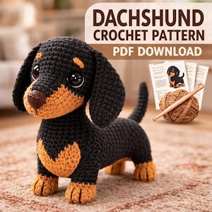 Può includere: Un cane bassotto all'uncinetto, nero e marrone. Il cane ha grandi occhi e orecchie flosce. L'immagine include il testo "DACHSHUND CROCHET PATTERN PDF DOWNLOAD" e un gomitolo di lana, un uncinetto e le istruzioni.