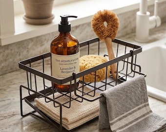 Modern Metal Kitchen Sink Caddy | Sponge Dish Soap Holder with Drip Tray