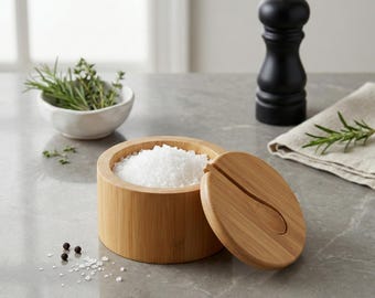 Bamboo Spice Keeper with Spoon | Round Salt Box for Kitchen Organization